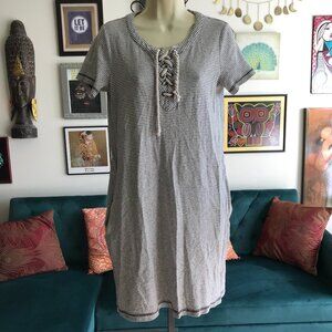 MYSTREE size M Gray Striped Knit Lace up T-Shirt Dress Pockets Casual